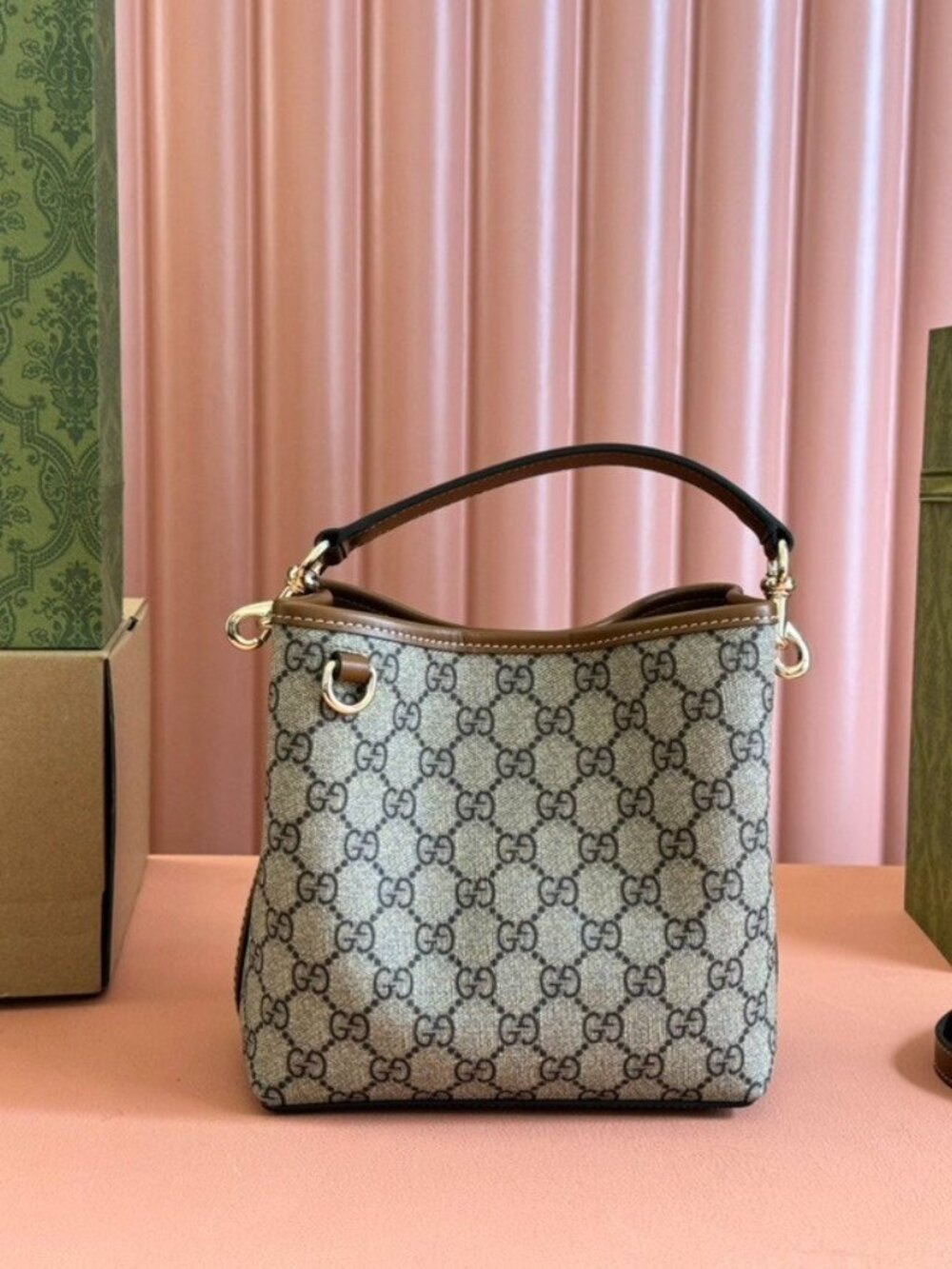 Gucci GG Emblem bucket bag beige dark brown leather